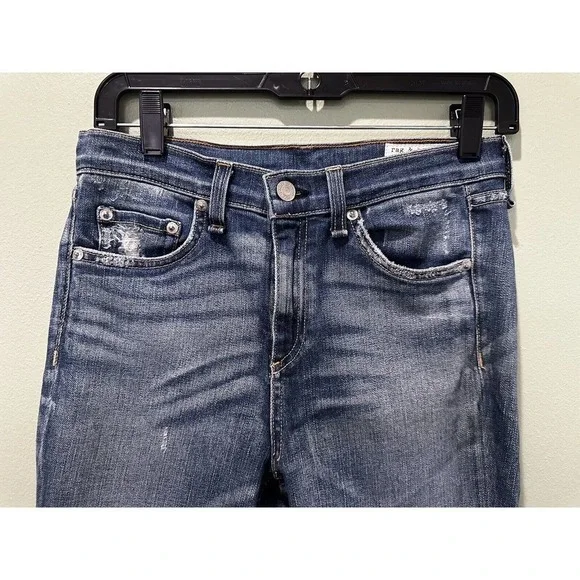 Rag & Bone Jeans Sz 27x 25” Inseam Frayed Hem Cropped High Rise Distressed Dark  - Picture 2 of 12